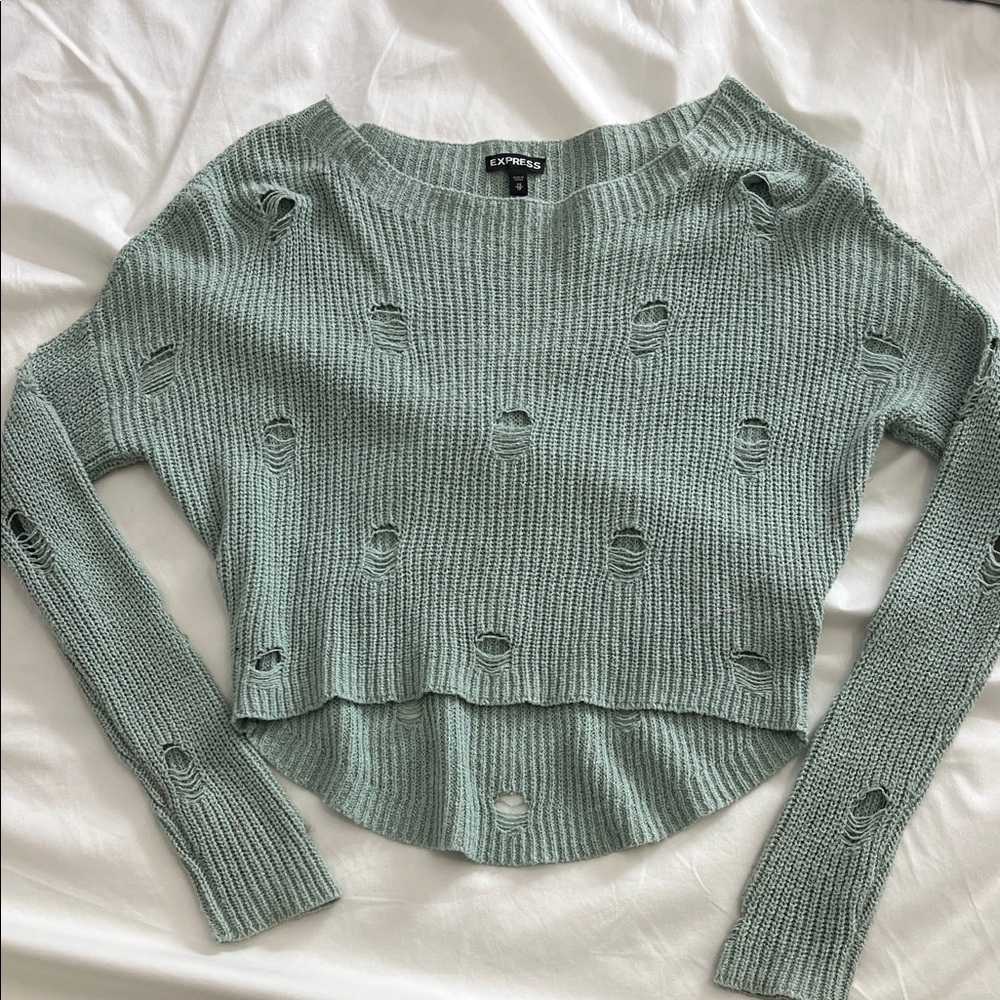 Express Distressed Knit Sweater in Light Green